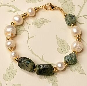 Natural Emerald & Freshwater Pearls In Assymetrical Free Form Artisan Bracelet